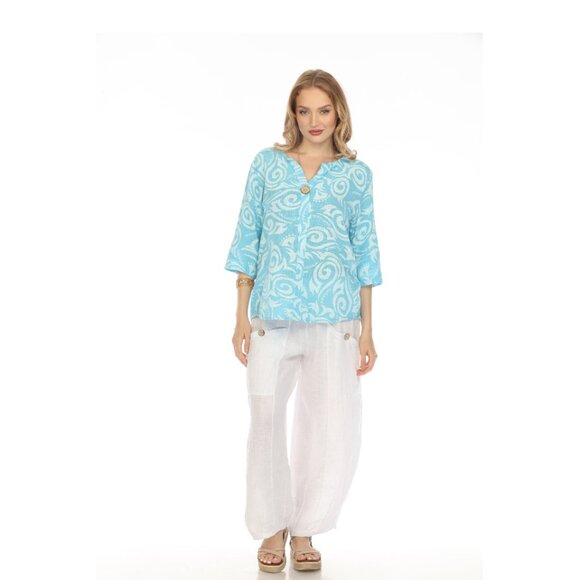 Ocean Blue Spiral Print V-Neck Button Detail Top - Picture 11 of 11